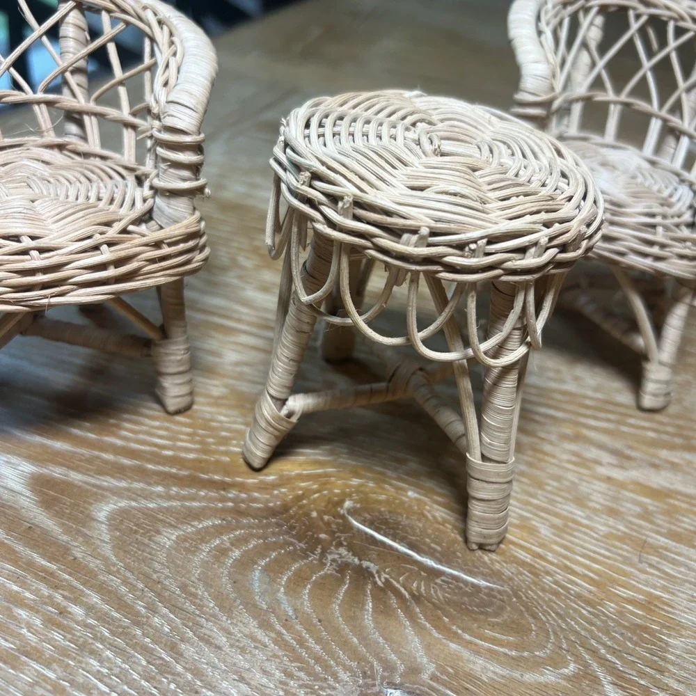 Vintage Set Wicker Rattan Patio Dollhouse Furniture: 2 Chairs & Table